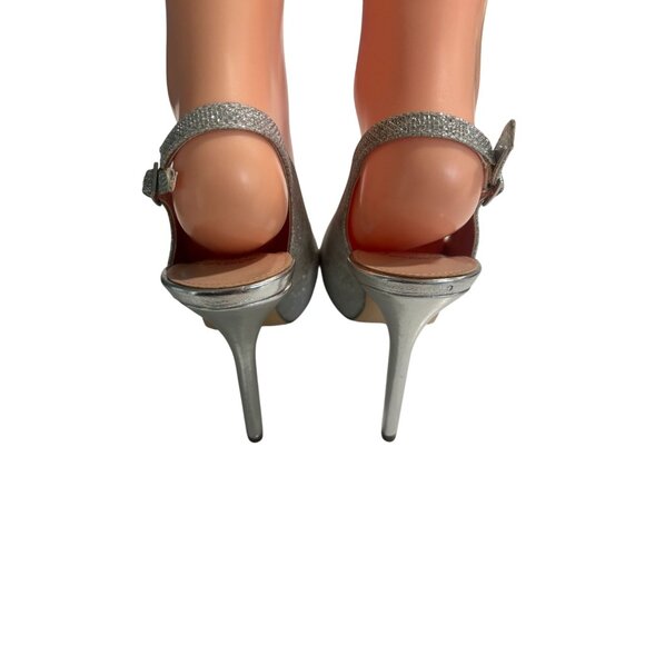 Silver Glitter Peep Toe Slingback Stiletto Heels 9M Fabric Upper Bonded Leather - Picture 2 of 7